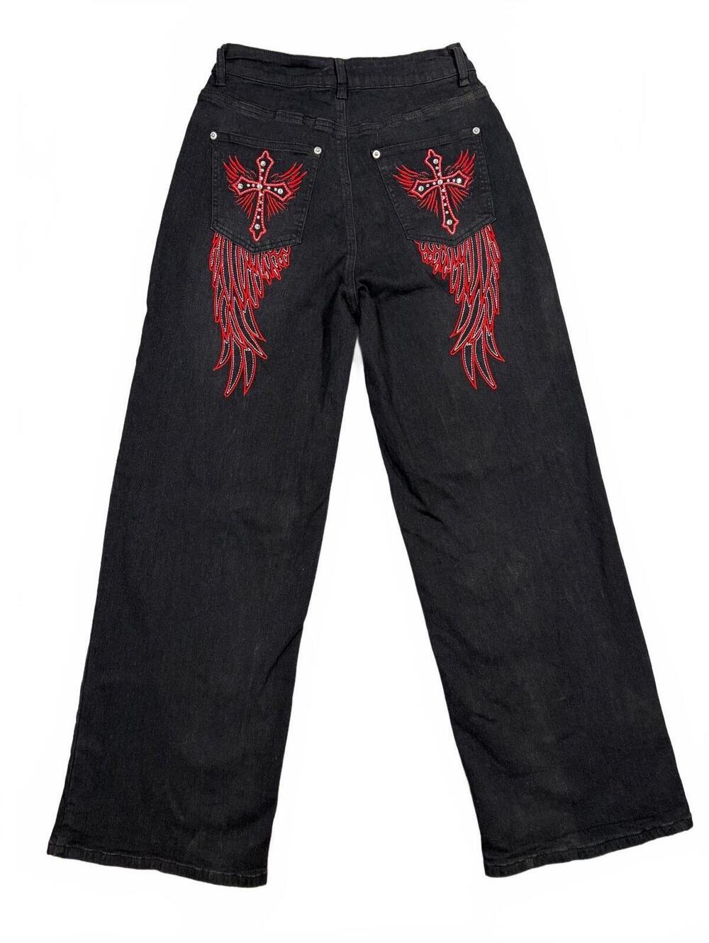Hot Topic Red Bling Rhinestone Cross & Wing Wide Leg Jeans Size 5 Mall Goth Y2K
